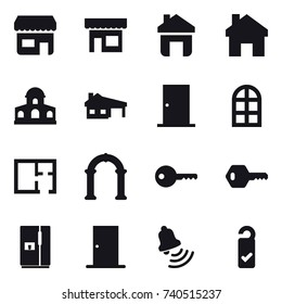 16 vector icon set : shop, home, mansion, house with garage, door, arch window, plan, arch, key, fridge, bell, please clean