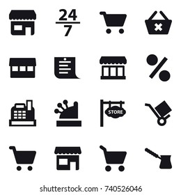 16 vector icon set : shop, 24/7, cart, delete cart, market, shopping list, percent, cashbox, store signboard, turk