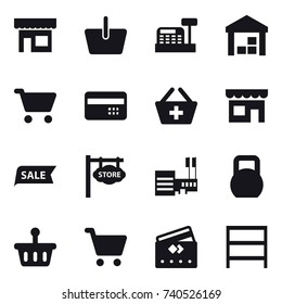 16 vector icon set : shop, basket, cashbox, warehouse, cart, credit card, add to basket, sale, store signboard, mall, rack