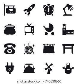 16 vector icon set : shop signboard, rocket, alarm clock, table lamp, purse, tv, baby stroller, church, disco ball, curtain, stool, kettle, windmill, apron