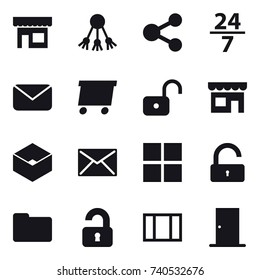 16 vector icon set : shop, share, 24/7, mail, delivery, unlock, box, window, unlocked, door
