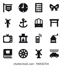 16 vector icon set : shop signboard, clock, abacus, bow, windmill, dresser, stool, tv, fireplace, hand mill, wheel, car wash