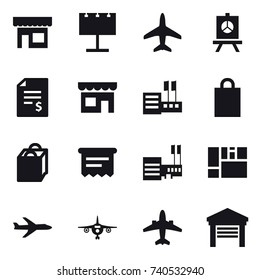 16 vector icon set : shop, billboard, plane, presentation, account balance, store, shopping bag, atm receipt, mall, airplane, garage