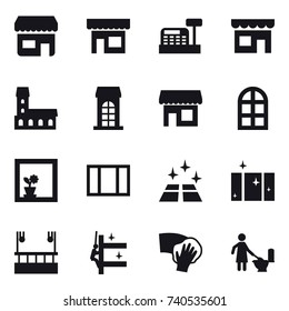 16 vector icon set : shop, cashbox, mansion, building, arch window, flower in window, window, clean floor, clean  window, skyscapers cleaning, skyscrapers cleaning, wiping, toilet cleaning