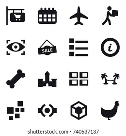 16 vector icon set : shop signboard, calendar, plane, courier, eye identity, sale, list, info, castle, panel house, palm hammock, chicken