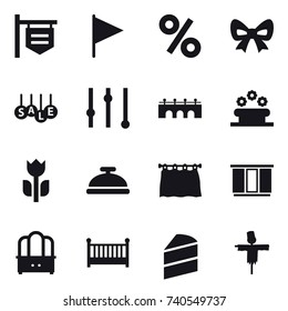 16 vector icon set : shop signboard, flag, percent, bow, sale, equalizer, bridge, flower bed, service bell, curtain, wardrobe, dresser, crib, scarecrow