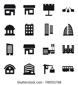 16 vector icon set : shop, billboard, drawbridge, goverment house, building, skyscrapers, skyscraper, mall, palace, house, bus 16 vector icon set : shop, billboard, drawbridge, goverment house, building, skyscrapers, skyscraper, mall, palace, house, bus