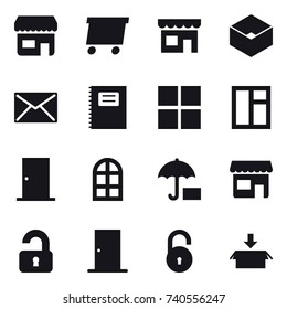 16 vector icon set : shop, delivery, box, mail, copybook, window, door, arch window, unlocked, package