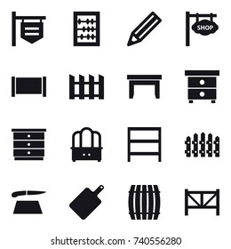16 vector icon set : shop signboard, abacus, pencil, fence, table, nightstand, chest of drawers, dresser, rack, cutting board, barrel, farm fence