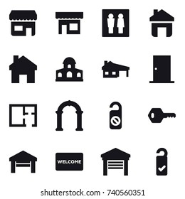 16 vector icon set : shop, wc, home, mansion, house with garage, door, plan, arch, do not distrub, key, garage, welcome mat, please clean