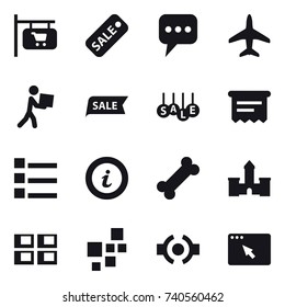 16 vector icon set : shop signboard, sale, message, plane, courier, atm receipt, list, info, castle, panel house