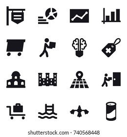 16 vector icon set : shop signboard, diagram, statistic, graph, delivery, courier, bulb brain, mansion, palace, baggage trolley, pool, hard reach place cleaning, cleanser powder