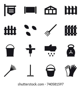 16 vector icon set : shop signboard, fence, greenhouse, seeds, fork, bucket, scarecrow, sow, fertilizer, rake, gloves