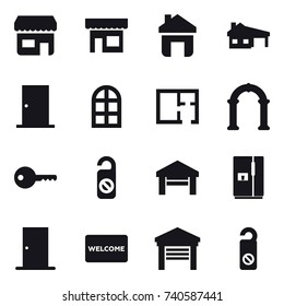 16 vector icon set : shop, home, house with garage, door, arch window, plan, arch, key, do not distrub, garage, fridge, welcome mat