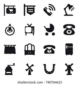 16 vector icon set : shop signboard, call, table lamp, rocket, tv, baby stroller, curtain, dresser, phone, fridge, hand mill, windmill, horseshoe