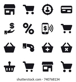 16 vector icon set : shop, cart, target audience, card, investment, percent, phone pay, basket, hand coin, add to basket, delete cart