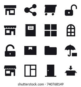 16 vector icon set : shop, share, delivery, unlock, copybook, window, arch window, door, package