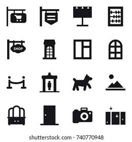 16 vector icon set : shop signboard, billboard, abacus, building, window, arch window, vip fence, detector, dog, landscape, dresser, door, clean  window
