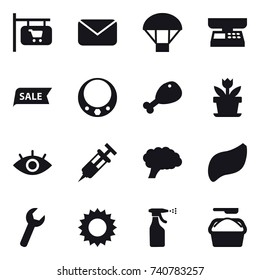 16 vector icon set : shop signboard, mail, parachute, market scales, sale, necklace, chicken leg, flower, sun, sprayer, washing powder