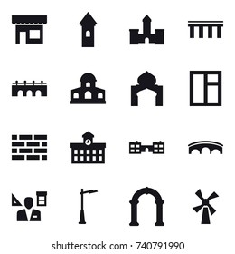 16 vector icon set : shop, tower, castle, bridge, mansion, minaret, window, brick wall, university, school, architector, outdoor light, arch, windmill