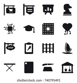 16 vector icon set : shop signboard, presentation, chess horse, chip, graduate hat, cpu, cardio chip, windsurfing, iron board, cutting board, utility room