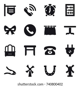 16 vector icon set : shop signboard, call, alarm clock, abacus, bow, phone, curtain, table, dresser, stool, walnut crack, windmill, horseshoe