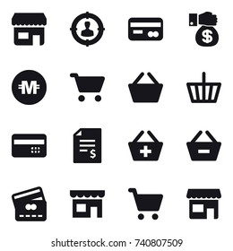 16 vector icon set : shop, target audience, card, money gift, crypto currency, cart, basket, credit card, account balance, add to basket, remove from basket