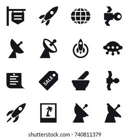 16 vector icon set : shop signboard, rocket, globe, satellite, satellite antenna, ufo, shopping list, sale label, photo
