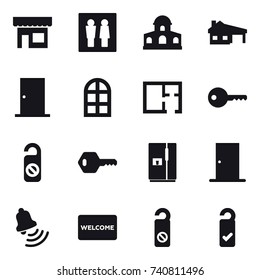 16 vector icon set : shop, wc, mansion, house with garage, door, arch window, plan, key, do not distrub, fridge, bell, welcome mat, please clean
