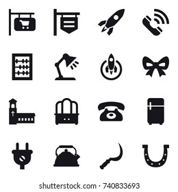 16 vector icon set : shop signboard, rocket, call, abacus, table lamp, bow, church, dresser, phone, fridge, kettle, sickle, horseshoe