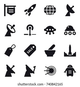 16 vector icon set : shop signboard, rocket, globe, satellite antenna, laser, ufo, lunar rover, label, sale label