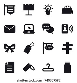 16 vector icon set : shop signboard, billboard, bulb, shopping bag, mail, notebook, discussion, pass card, bow, label, singlepost, hanger