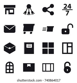 16 vector icon set : shop, share, 24/7, mail, delivery, unlock, box, copybook, window, arch window