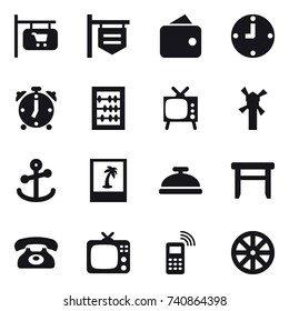 16 vector icon set : shop signboard, wallet, clock, alarm clock, abacus, tv, windmill, photo, service bell, stool, phone, wheel
