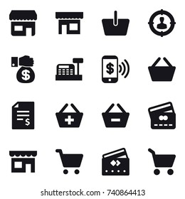 16 Vector Icon Set : Shop, Basket, Target Audience, Money Gift, Cashbox, Phone Pay, Account Balance, Add To Basket, Remove From Basket, Credit Card, Cart