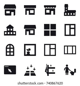 16 vector icon set : shop, mansion, cottage, window, arch window, flower in window, clean floor, skyscrapers cleaning, toilet cleaning