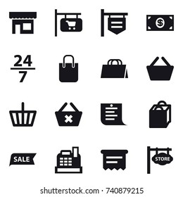 16 vector icon set : shop, shop signboard, money, 24/7, shopping bag, basket, delete cart, shopping list, sale, cashbox, atm receipt, store signboard