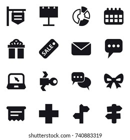 16 vector icon set : shop signboard, billboard, circle diagram, calendar, gift, sale, mail, message, notebook, satellite, discussion, bow, atm receipt, signpost 16 vector icon set : shop signboard, billboard, circle diagram, calendar, gift, sale, mail, message, notebook, satellite, discussion, bow, atm receipt, signpost