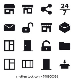 16 vector icon set : shop, share, 24/7, mail, unlock, box, window, door, package