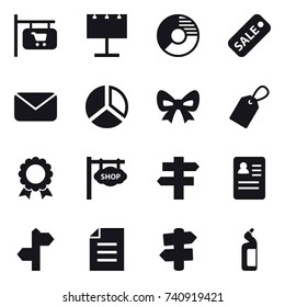 16 vector icon set : shop signboard, billboard, circle diagram, sale, mail, diagram, bow, label, medal, singlepost, signpost, toilet cleanser