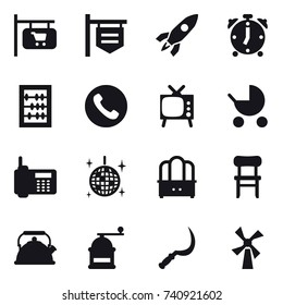 16 vector icon set : shop signboard, rocket, alarm clock, abacus, phone, tv, baby stroller, disco ball, dresser, chair, kettle, hand mill, sickle, windmill
