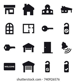 16 vector icon set : shop, home, mansion, house with garage, arch window, plan, key, do not distrub, garage, door, bell, welcome mat, please clean
