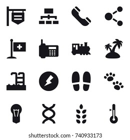 16 vector icon set : shop signboard, hierarchy, phone, molecule, train, island, pool, electricity, slippers, pets, spikelets, thermometer