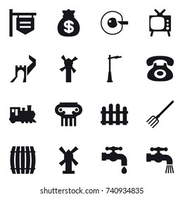 16 vector icon set : shop signboard, money bag, cell corection, tv, greate wall, windmill, outdoor light, train, antique column, fence, fork, barrel, water tap