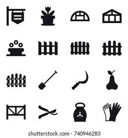 16 vector icon set : shop signboard, flower, greenhouse, flower bed, fence, shovel, sickle, pear, farm fence, pruner, fertilizer, gloves