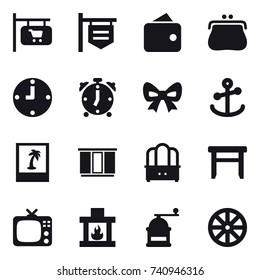 16 vector icon set : shop signboard, wallet, purse, clock, alarm clock, bow, photo, wardrobe, dresser, stool, tv, fireplace, hand mill, wheel