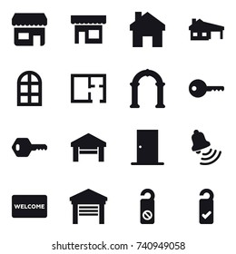 16 vector icon set : shop, home, house with garage, arch window, plan, arch, key, garage, door, bell, welcome mat, do not distrub, please clean
