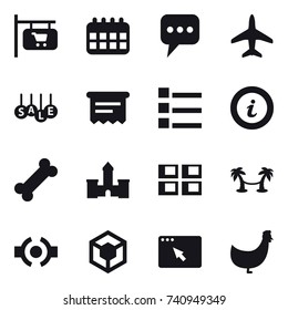16 vector icon set : shop signboard, calendar, message, plane, sale, atm receipt, list, info, castle, panel house, palm hammock, chicken