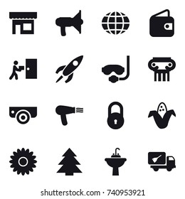 16 vector icon set : shop, loudspeaker, globe, wallet, diving mask, antique column, surveillance camera, hair dryer, corn, flower, spruce, water tap sink, home call cleaning