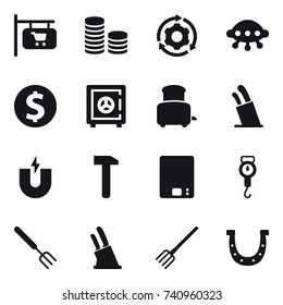 16 vector icon set : shop signboard, coin stack, around gear, ufo, dollar coin, safe, toaster, stands for knives, kitchen scales, handle scales, big fork, knife holder, fork, horseshoe